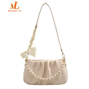 bags wholesale supplier Solid color high sense Folded cloud design single shoulder bag Pearl chain PU bag