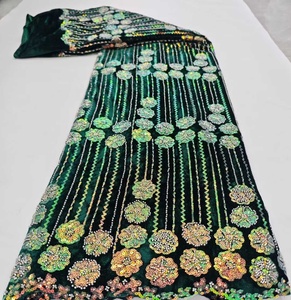 Tela de Encaje de <span class=keywords><strong>Terciopelo</strong></span> con Lentejuelas Bordadas y Cuentas, Estilo Nigeriano, para Vestidos de Mujer, Precio al por Mayor, Gran Venta - Product Image 1