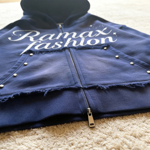 Custom High Quality 420g Cotton Heavy Vintage Distressed Zipper Cropped Rhinestone Printed Embroidery Y2k Streetwear Zip Hoodies - Product Image 3
