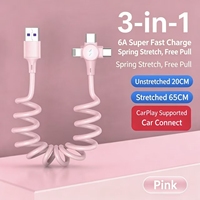 Cable de Carga Rápida USB Retráctil 3 en 1 con Resorte Enrollado, Cable Elástico de PVC para Cargador de Teléfono para Automóvil, Compatible con iPhone, Tipo-C y Micro USB