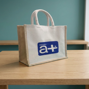 <b>Medium</b> Jute Burlap Shopping Tote Bag Custom Pattern Reusable Carry <b>Handbag</b> with Reinforced Handles for Events Gifts and Retail - Product Image 1