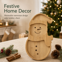 Plateau en bambou en forme de bonhomme de neige avec chapeau de Père Noël, plateau de service à deux niveaux, décoration de table de Noël