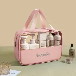 Personal isierte Brief Logo PU Pink Transparente Make-up-Tasche PVC Kosmetik tasche Klare Make-up-Taschen für Reise Toiletten artikel Organizer