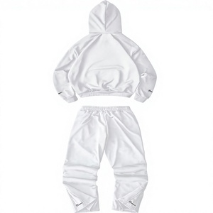 Ensemble deux pièces décontracté streetwear pour homme : sweat à capuche épais blanc pur et pantalon de survêtement large à cordon de serrage – OEM ODM - Product Image 2