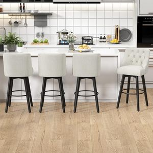 Taburetes de Bar Giratorios de 30 Pulgadas de Altura, Patas de <span class=keywords><strong>Madera</strong></span> Maciza, Respaldo Tapizado en Tela de Lino, Reposapiés <span class=keywords><strong>Blanco</strong></span> - Product Image 1