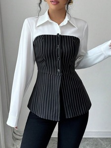 T26551 Camisa Casual Feminina de Manga Longa Listrada Slim-fit para Outono, Blusa de Tecido Stretch de Alta Qualidade para Mulheres - Product Image 2