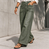 Jeans pour femmes, taille haute, vert olive, cargo, jambes larges, denim vintage lavé, multi-poches