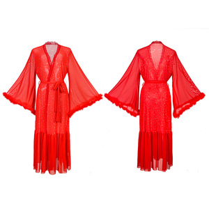 Nuevo Camisón de Moda con Cuello en V y Manga Larga, Sexy, de Alta Calidad, Color Sólido con Brillo, Bata para Mujer - Product Image 6