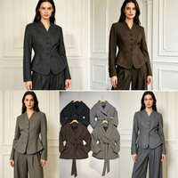 Costume formel deux pièces pour femmes, veste boutonnée à col en V, pantalon large à jambes longues, couleur unie, tenue de bureau