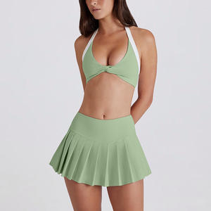 定制徽标女式吊带网球裙套装扭纹性感高尔夫裙百褶透气跑步运动服套装运动服 - Product Image 2