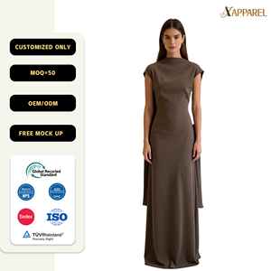 Vestido Maxi Estructurado Color Cacao para Mujer, Cuello Alto, Manga Corta, Espalda Drapeada, Estilo Minimalista Old Money, Certificado por A&J, TUV 2026 - Product Image 1