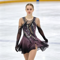 Robe de patinage artistique violette et noire ornée de strass, à manches longues en maille et dos découpé, pour la compétition et les spectacles des adultes et des enfants