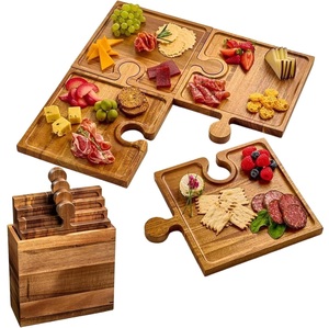 <span class=keywords><strong>Plateau</strong></span> <span class=keywords><strong>de</strong></span> service en bois en forme <span class=keywords><strong>de</strong></span> puzzle emboîtable pour charcuterie, avec poignée et porte-verre à vin - Product Image 1