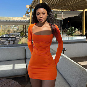 2026新款俱乐部服秋季连衣裙纯色低领方领长袖紧身连衣裙包臀迷你拼布连衣裙女式 - Product Image 1