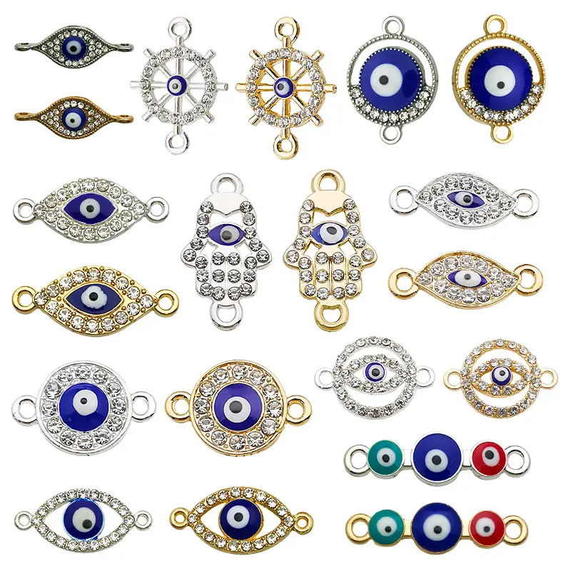Gold Blue Eye Good Luck Charms Murano Beads Diamond Connector Butterfly Fatima Hand Pendant Blue Eye Beads for DIY Bracelet