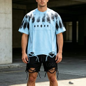 T-shirt en coton surdimensionné pour homme, manches courtes, col rond, ourlet effiloché, style streetwear, vêtements décontractés pour homme - Product Image 2