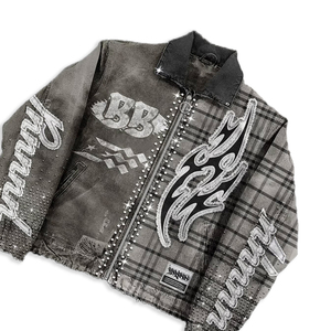 YYSY أنيقة ثقيلة الوزن المتضخم الدنيم البدلة الملابس حجر الراين مطرزة التصحيح غسل حمض خمر جان سترة مجموعة للرجال - Product Image 2