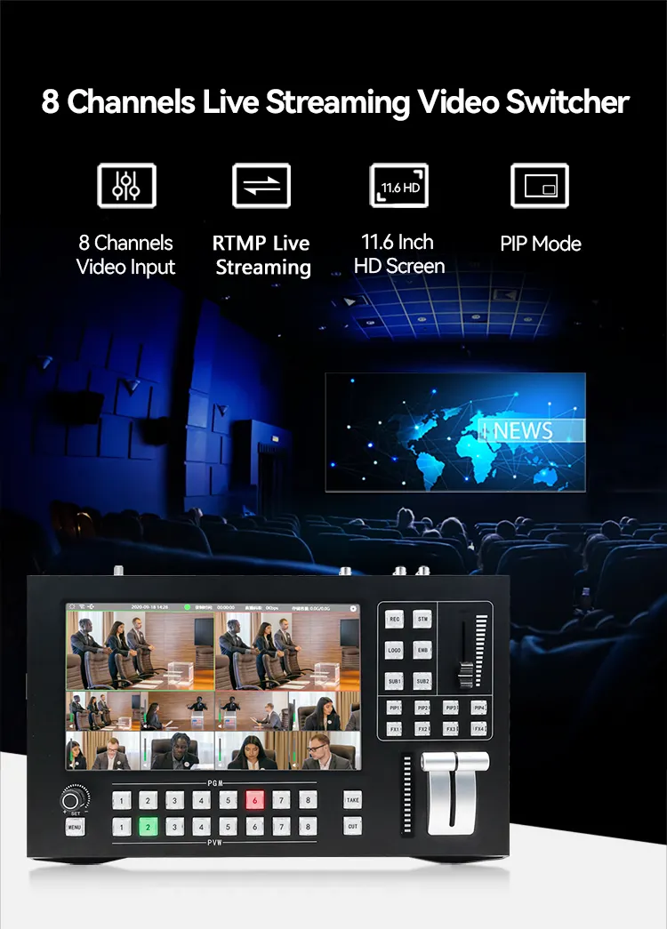 Live Streaming  11.6 Inch HD screen Broadcast hdmi portable 8 channel video switcher obs hd video seamless switcher