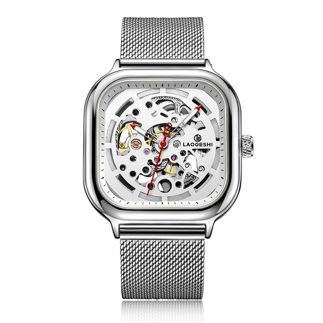 Hollow Out Simple Design Square Watches Primary Stainless Steel Band Business Automatic Mechanical Watches for Men Factory