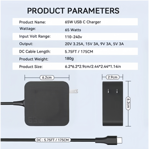 Adaptador de CA Portátil USB C de 65 W, Cable de 5.75 Pies, Compatible con SCP PD 3.0, Universal para MacBook, Dell, HP, <span class=keywords><strong>Lenovo</strong></span>, <span class=keywords><strong>Cargador</strong></span> de Laptop Tipo C de 65 W - Product Image 3