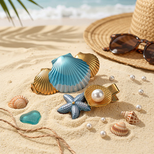 Barrettes Esthétiques Coquillage Océanique Étoile de <span class=keywords><strong>Mer</strong></span> en Acier Inoxydable Doré avec Perle, Accessoires Cheveux d'Été Plage pour Femme - Product Image 2