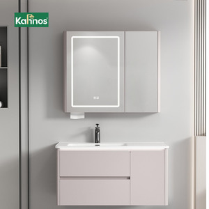 <b>Light</b> Grey Modern Wall-Mounted Hotel Bathroom <b>Vanities</b> with Led Mirror Cabinet Ceramic Basin Paper Towel Holder Integrated Sink - Product Image 1
