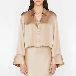Custom women plain faux silk high quality luxury satin beige shirt casual women long sleeve new crop top blouses and shirts