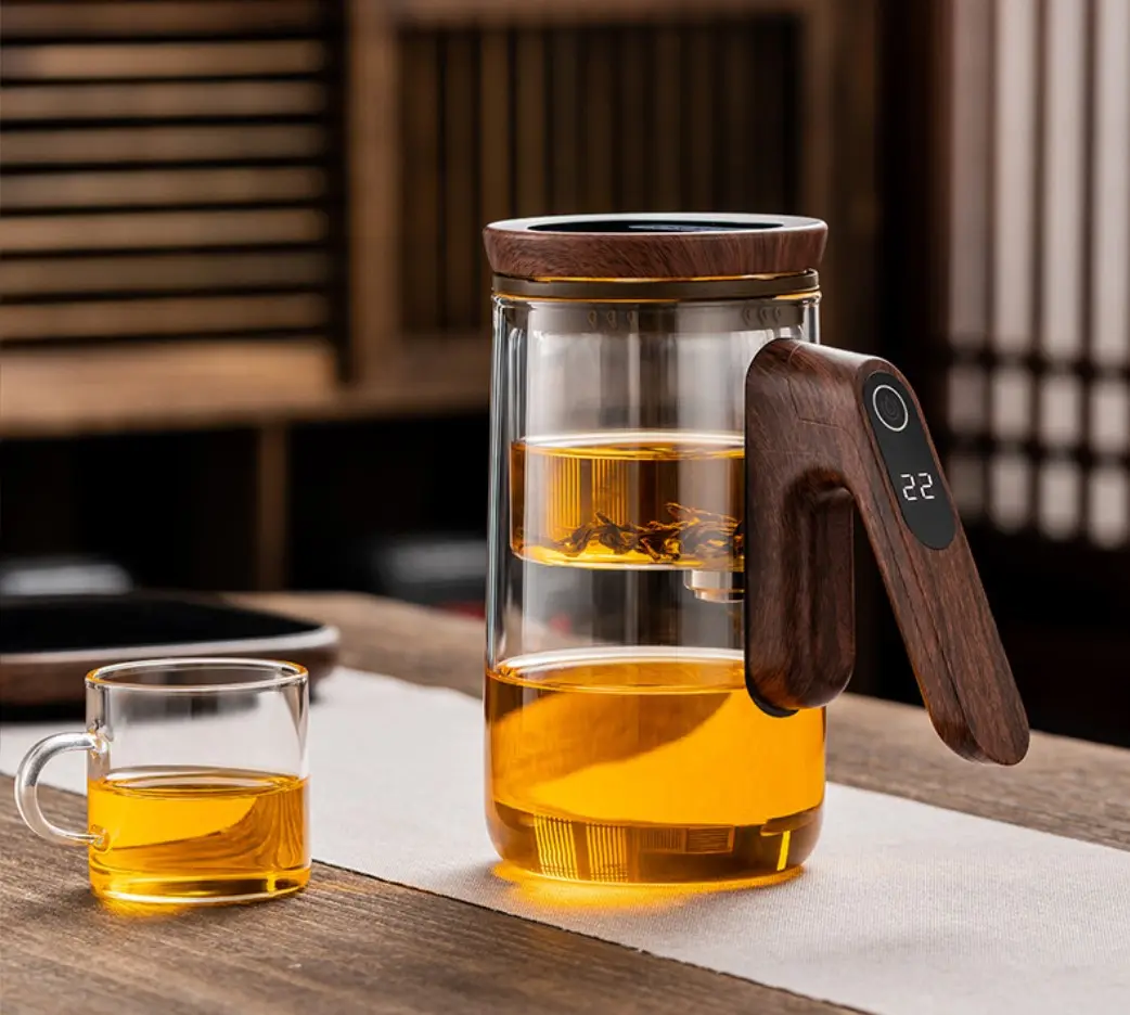 Teko teh pengaturan waktu pintar magnetik, infuser teh filter otomatis tangki dalam kaca penuh cerdas 2024