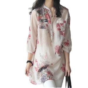 Camisa de Mujer para Otoño, con Cuello de Lazo Floral, Botones, Tejida, Ecológica, Transpirable, de Algodón y Lino, Manga Tres Cuartos, Estampado Descolorido - Product Image 1