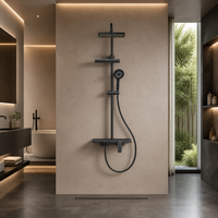 Colonne de douche murale en laiton noir mat avec étagère de rangement, jets pluie et cascade, robinetterie céramique, pour villa moderne