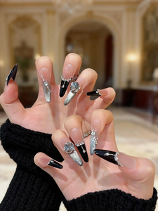 <span class=keywords><strong>Uñas</strong></span> Postizas <span class=keywords><strong>Negras</strong></span> Color Nude con Diseño de Estrella y Diamantes de Imitación, <span class=keywords><strong>Uñas</strong></span> Artificiales Elegantes Hechas a Mano para Mujer - Product Image 3