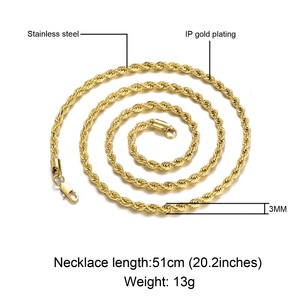 Chaîne de corde 3mm Chaîne torsadée en or blanc 20 ''22'' 24 ''26'' 28 ''30'' Collier chaîne en acier inoxydable Hi-hop pour hommes femmes - Product Image 3