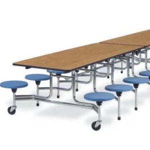 Conjunto de mesas y sillas plegables conectadas para cafetería comercial, con estructura de acero inoxidable y tablero de madera. - Product Image 1