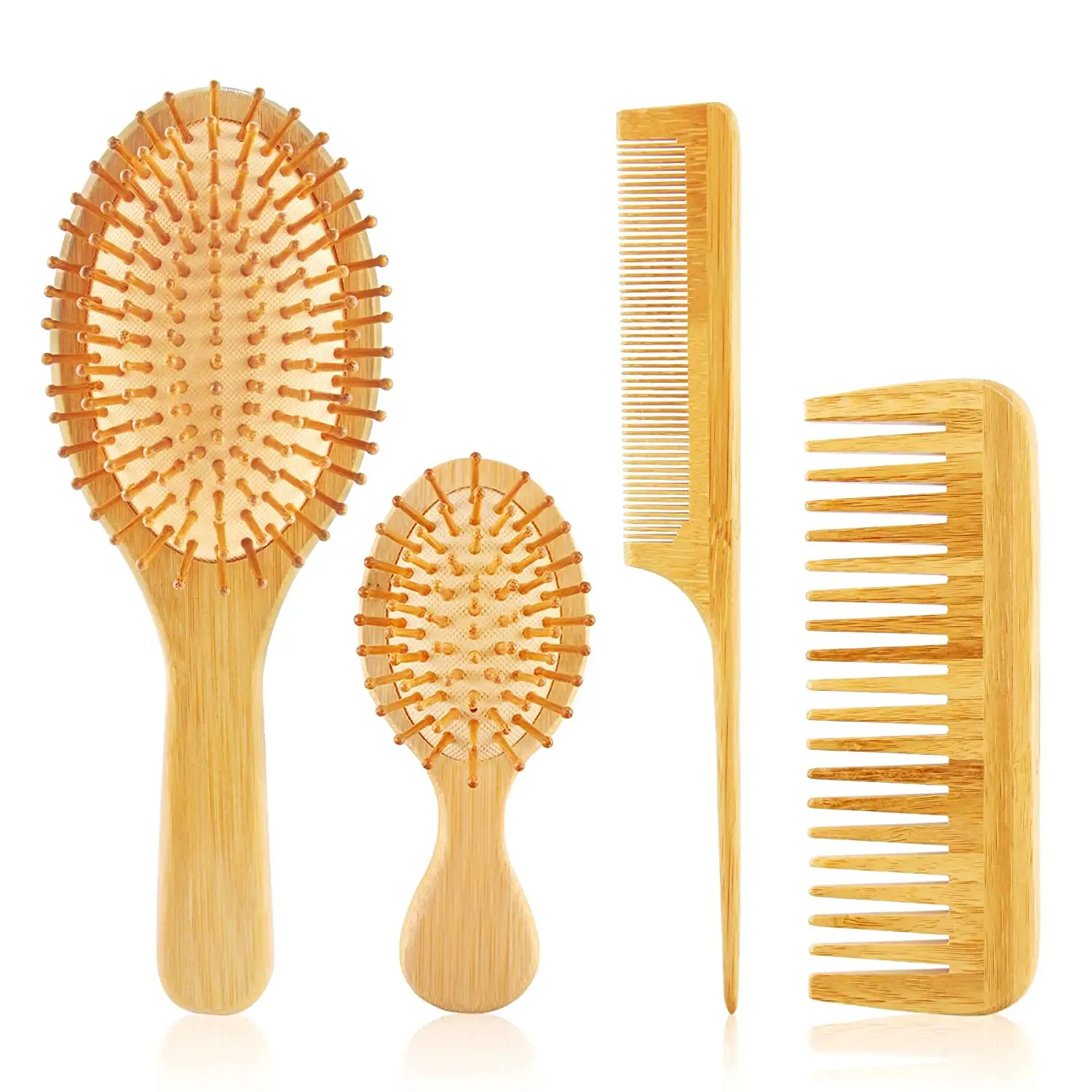 Bamboo Hair Brush Comb Set Natural Wooden Hairbrush Paddle Detangling for Men Women