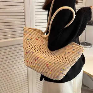 Moda Verão Grande Capacidade Bolsa De Ombro Cesta De Compras Tecido Polka Dot Corda De Algodão Praia Balde Bolsa