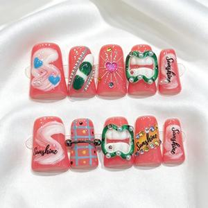 Lot de 10 <span class=keywords><strong>faux</strong></span> <span class=keywords><strong>ongles</strong></span> à presser rose corail, faits main, motif canard, lèvres 3D, perles, cœur, paillettes, bonbons, mignons, style Y2K - Product Image 1