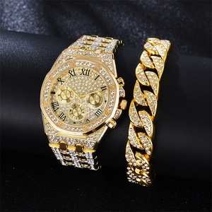 2023 hommes or Bling strass Quartz Hip Hop <span class=keywords><strong>montre</strong></span>-<span class=keywords><strong>bracelet</strong></span> montres de luxe diamant glacé ensemble de montres - Product Image 1