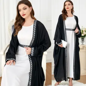 Groothandel Moslim 2-delige Sets Vrouwen Zwart Kaftan Met Witte Innerlijke Abaya Jurk Etnische Kleding Kimono Lang Vest Open Abaya