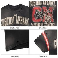 Kaos Hitam Custom Apparel Grafis Garis Merah Putih di Bagian Lengan, Model Distressed Lengan Pendek Kerah Bulat, Atasan Streetwear untuk Musim Panas