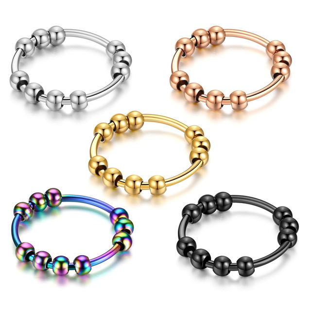 Fidget Anxiety Ring for Women Gold Silver Color Stainless Steel Spinner Rotate Beads Anti-Stress Rings for Men Jewelry