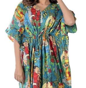 Handmade Cotton Kimono <b>Kaftan</b> One-Piece Dress Kahlo Inspired Bohemian Resort Wear Deep V Neck <b>Plus</b> <b>Size</b> Breathable - Product Image 6