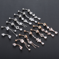 Anneaux de Nombril en Acier Zircon Fleur Coeur Dangle Piercing Nombril Anneau de Ventre Bijoux de Corps