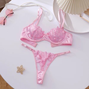 Wholesale Women Underwire Bra and Thong 2 Piece <b>Set</b> See-Through Lace 3D Embroidery Womens Intimates Pink <b>Sexy</b> Lingerie <b>Set</b> - Product Image 2
