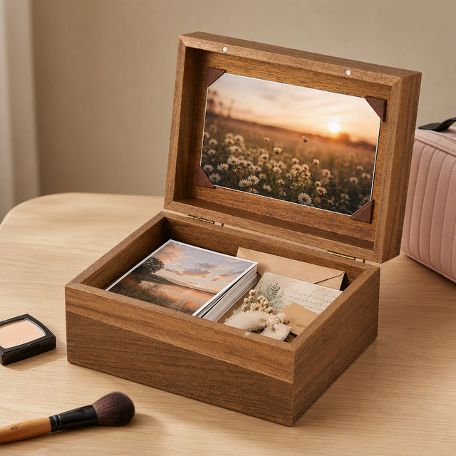 Customized Polished Solid Wood Memory Photo Box with Engraving Photo Frame Sustainable Decorative Storage Box for Picture Letter