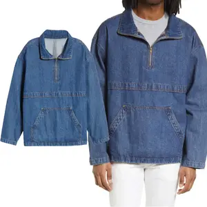 Fabbrica cinese plus size mezza cerniera mentale denim pullover anorak giacca di jeans personalizzata per uomo con tasca frontale grande