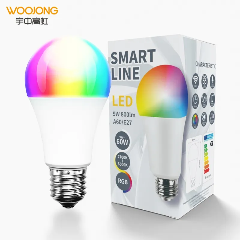 WOOJONG Alexa and Google Home Amazon Hot Sale wholesale focos RGB wifi alexa smart wifi bulb 9w