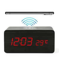 Ev süslemeleri kablosuz şarj masası saat LED ahşap dijital alarmlı saat sıcaklık göstergesi ile