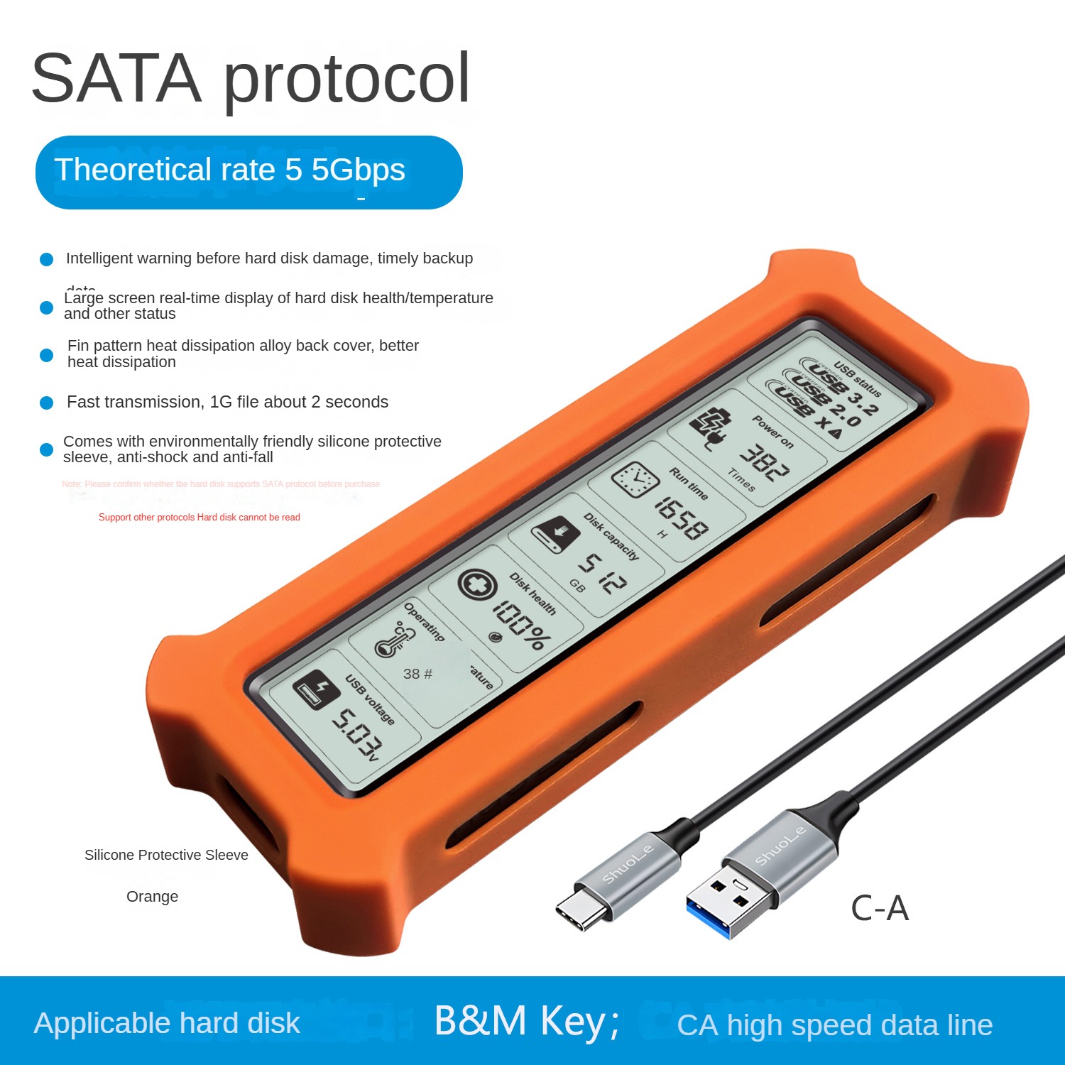 Carcasa para Disco Duro con Protocolo SATA y Pantalla Naranja