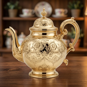 Vintage Gold Metal Tea Pot With Lid And Handle Ornate Floral Design - Product Image 3