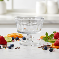 Bol à glace à pied festonné et perlé de 250 ml. Tige robuste à motif victorien. Verre sodocalcique compatible lave-vaisselle. Couleur personnalisable